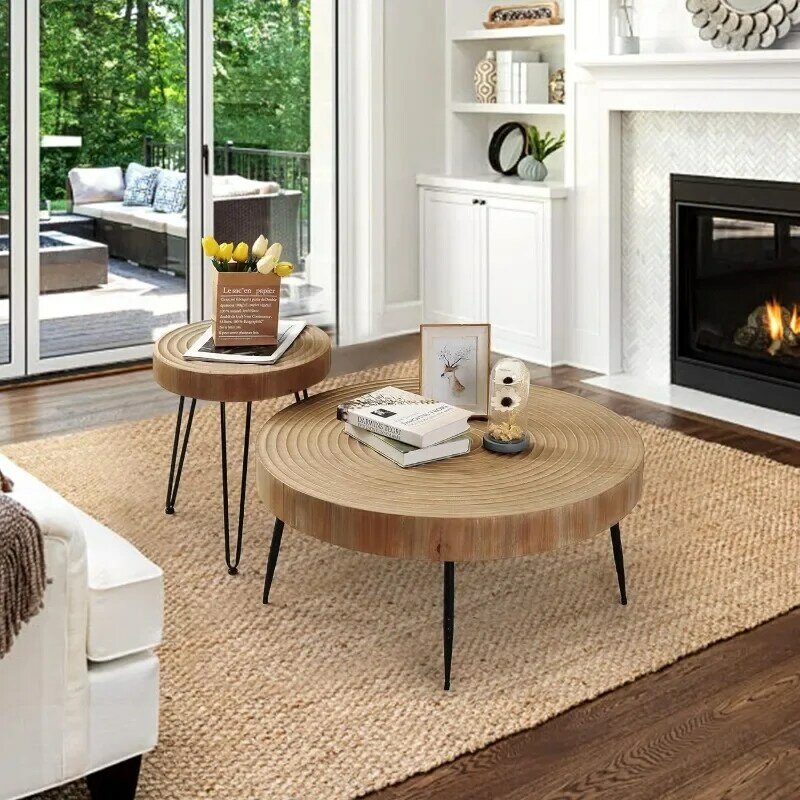 Conjunto de mesa redonda de café, Mesa lateral de coquetel, Mesa de madeira natural para sala de estar, Círculo moderno, 2 peças