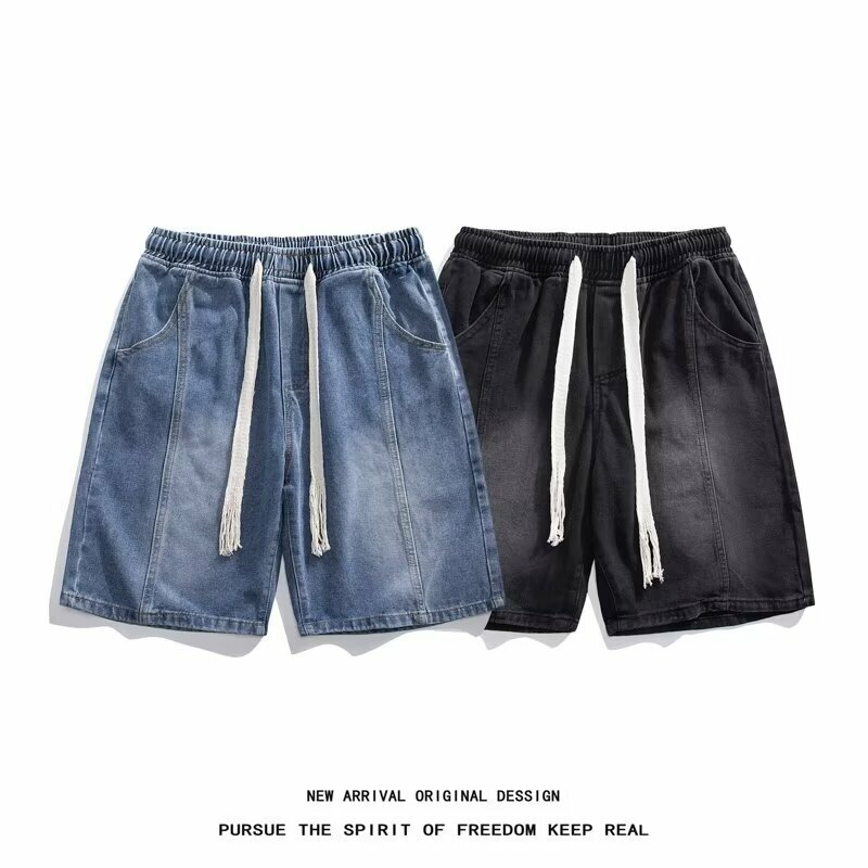 Shorts jeans vintage de alta qualidade masculino, jeans lavado de cor sólida, versão coreana de roupas masculinas de rua alta, verão, novo, 2024