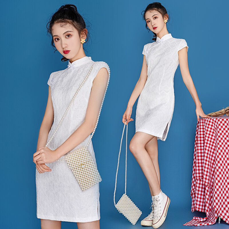 Täglich modifizierte Cheong sam Sommerkleid junge Dame Retro Mode schlanke Spitze Rock chinesisches Kleid orientalischen Stil Spitze sexy Vestido