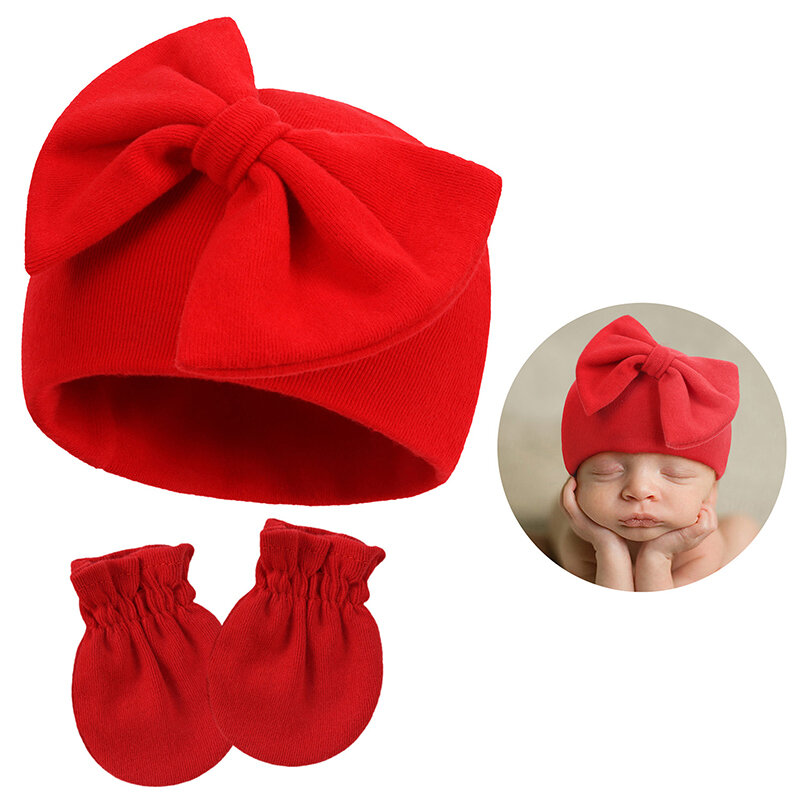 Шапка для новорожденных с перчатками, хлопковая шапочка, Шапочка-бини, подарок для девочек, шапка с бантом, Аксессуары для младенцев, реквизит для фотосъемки новорожденных