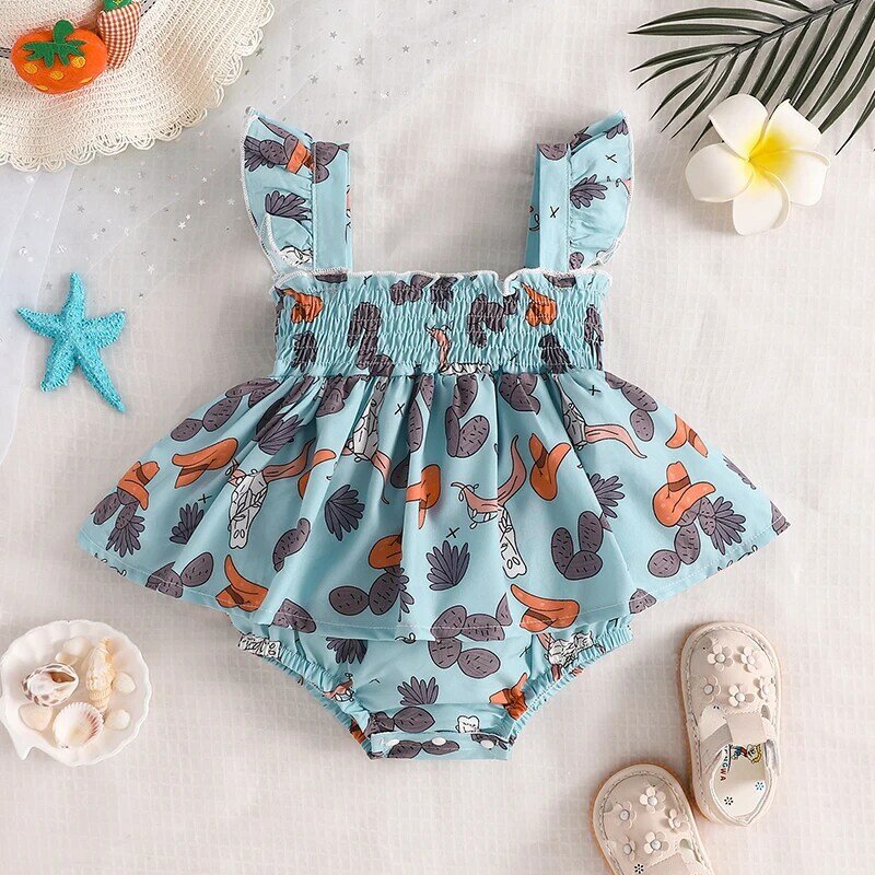 VISgogo Baby Girls Romper Dress Fly Sleeve Pleated Hat Print Bodysuit Newborn Summer Clothes for Casual Daily