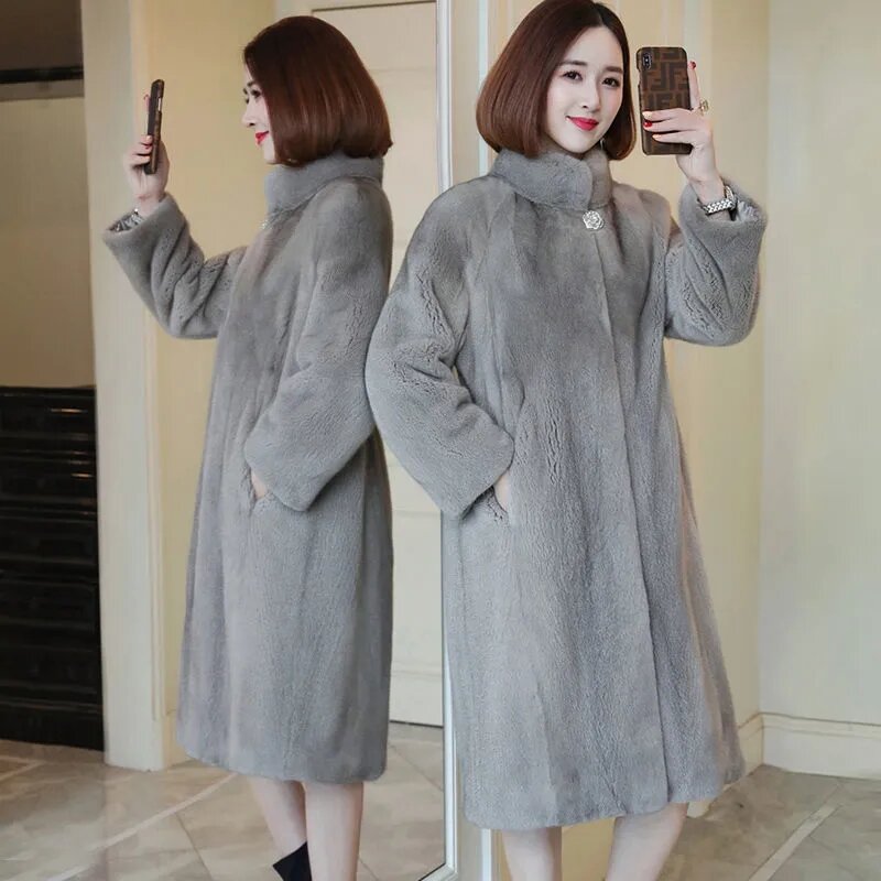 Новинка 2023, женское бархатное пальто из искусственной норки, пальто средней длины на осень и зиму, пальто из искусственного меха норки с воротником-стойкой, 5XL