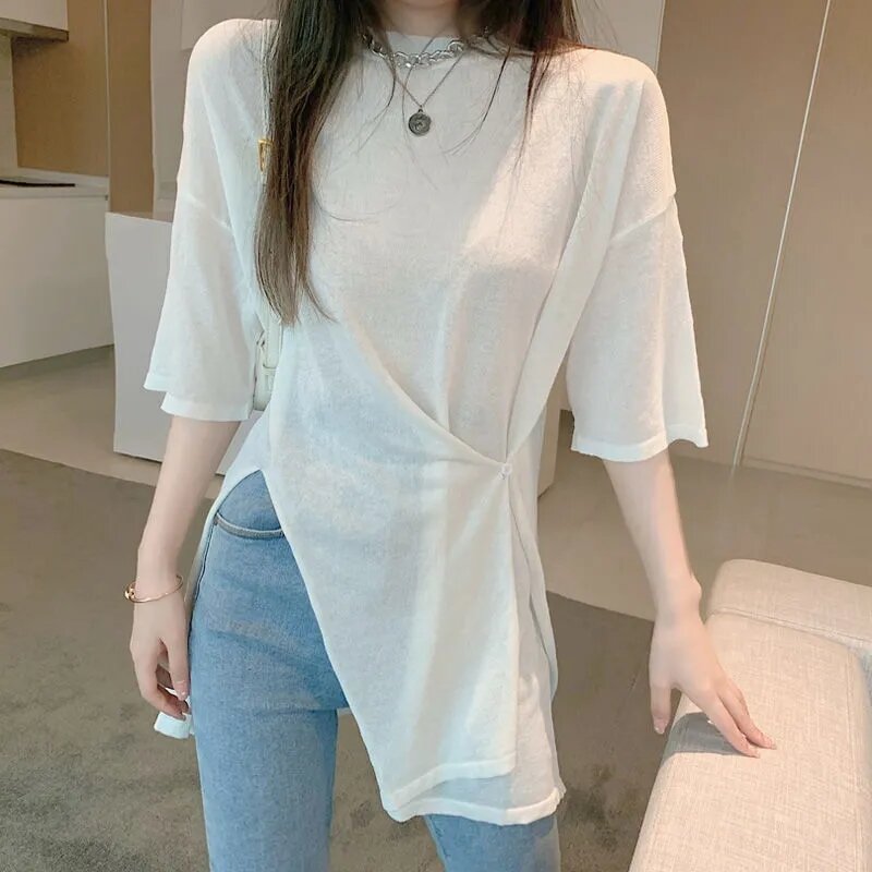 Fashion O-Neck Solid Color All-match Irregular T-Shirt Women's Clothing 2024 Summer New Casual Pullovers Asymmetrical Tee Shirt