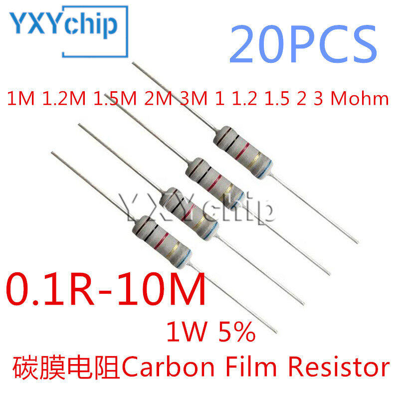20pcs 1W Carbon Film Resistor 5% 1M 1.2M 1.5M 2M 3M 1 1.2 1.5 2 3 Mohm 0.1R--10M