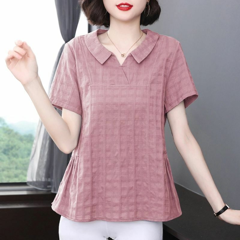 Camisetas de manga corta con pliegues para mujer, ropa holgada que combina con todo, de Color liso con solapa, 2024