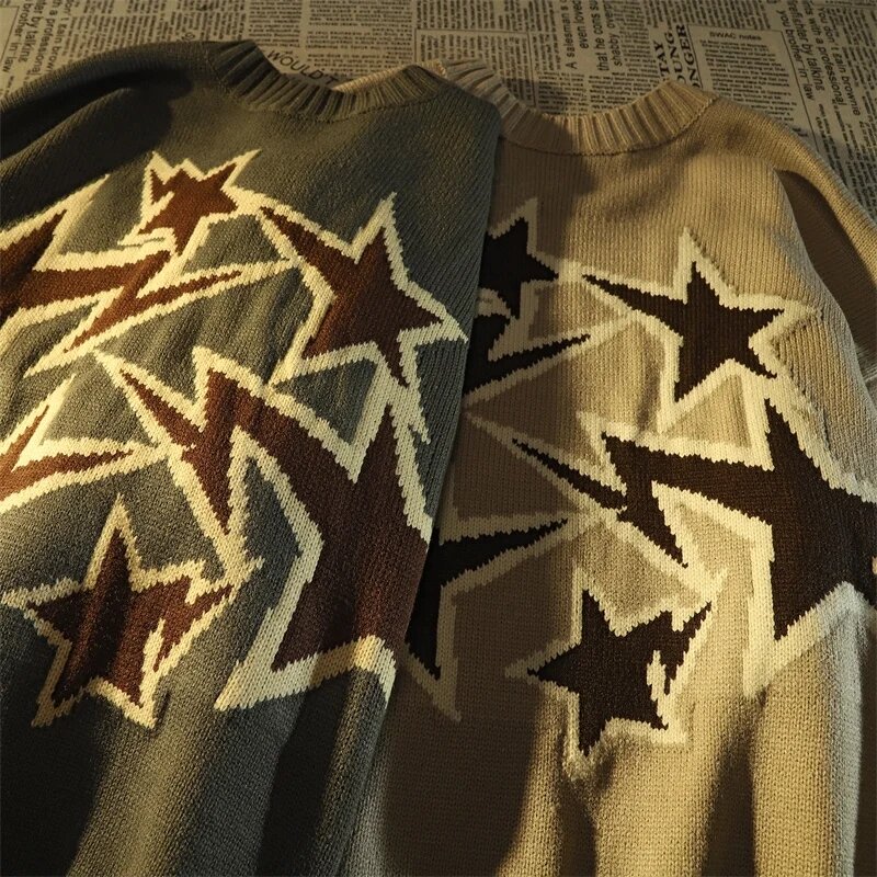 Свитер в американском стиле ретро со звездами для мужчин и женщин, зимняя новая свободная Корейская версия ленивого ветра, вязаная куртка, пуловер, топы