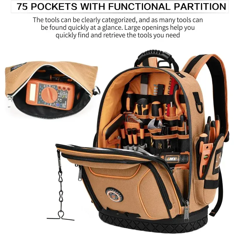Рюкзак для инструментов с 2 холщовыми чехлами для инструментов, 75 карманов и петель, органайзер для инструментов повышенной прочности/ОВКВ