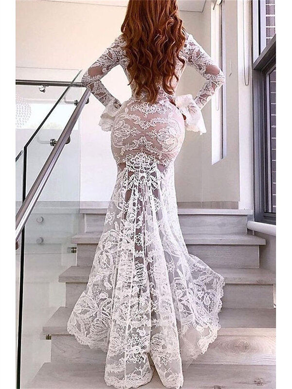 Seksowna suknia ślubna z długim rękawem 2024, prosta suknia ślubna z głębokim dekoltem w szpic, pełna wdzięku koronkowa sukienka do podłogi Vestidos De Novia