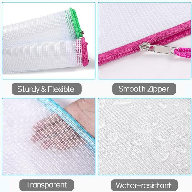Transparente Mesh Zipper Bag, Sacos de capacidade impermeável com zíper, Bolsas para organizar documentos, arquivos, 10pcs
