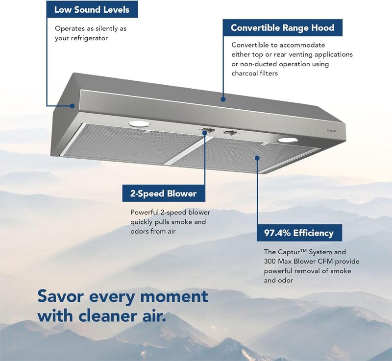 Broan-NuTone BCSD130SS Glacier Range Hood with Light, Exhaust Fan for Under Cabinet, Stainless Steel, 30-inch,