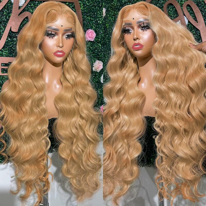300 Density Lace Front Wig Human Hair Body Wave #27 Honey Blonde Pre-Plucked Transparent Lace Closure Wigs for Women Bobbi
