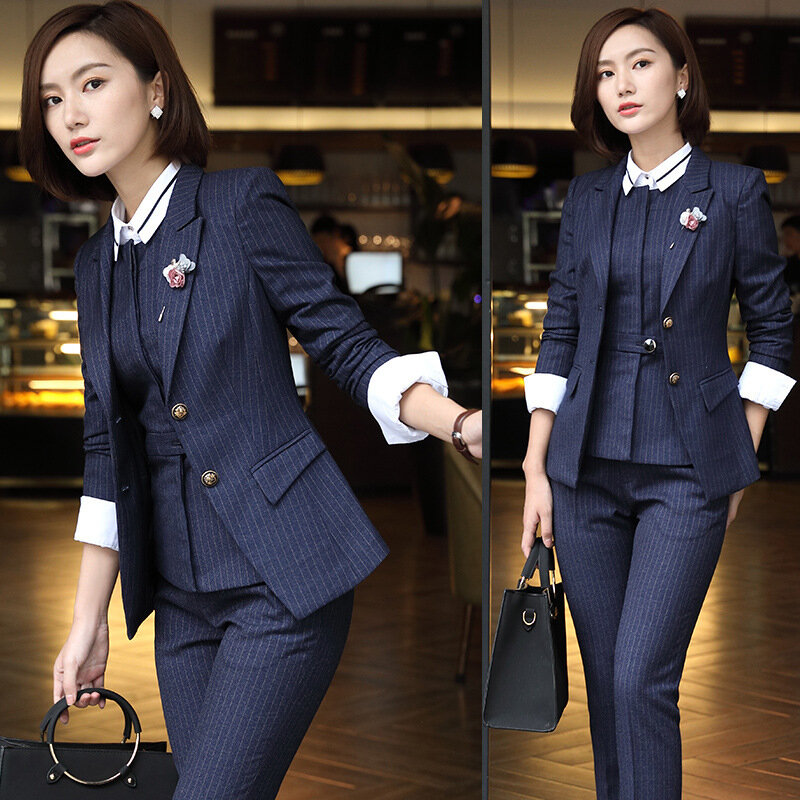 965 Business Wear Women's Suit Striped Suit Female Temperament Business Ol Formal Suit Hotel Manager Work Clothes