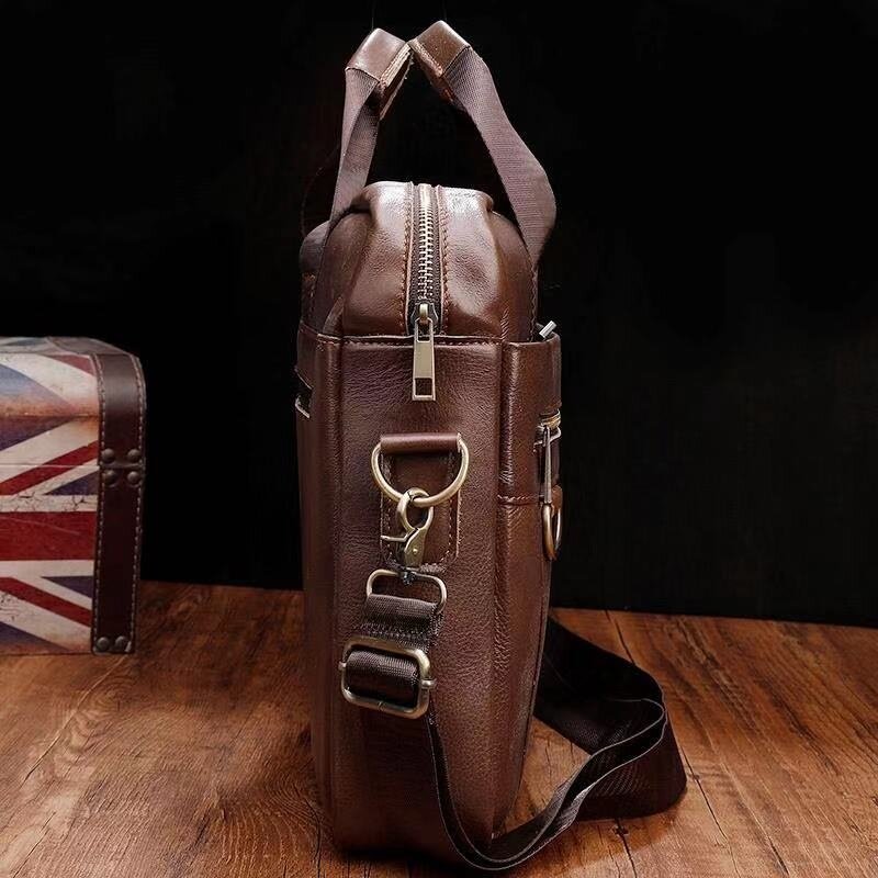 Men briefcase messenger bag retro genuine leather hand 14'' laptop men's briefcases office business tote for document