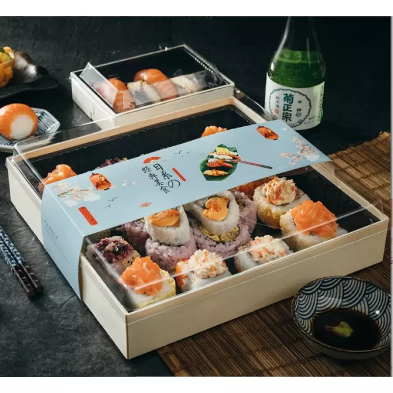ロゴ付きの木製包装方法、カスタム、環境にやさしい、日本の寿司ボックス、カスタマイズされた製品