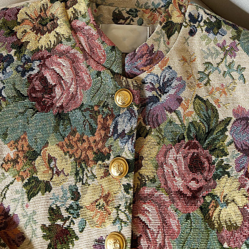 Casaco Jacquard vintage com botão dourado, cardigã de manga comprida, gola pequena, top curto, novo, outono e inverno