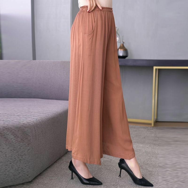 Celana longgar kasual wanita, bawahan pinggang tinggi perempuan Linen warna polos Musim Panas 2024