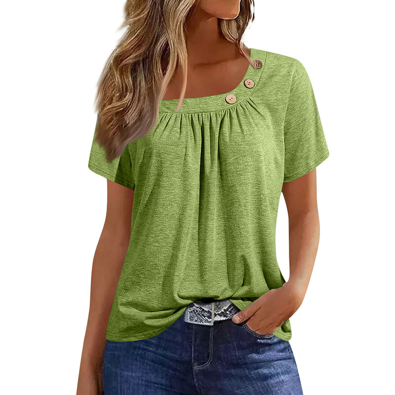 Kaus wanita trendi musim panas, kaus Pullover longgar polos lengan pendek leher bulat kasual ukuran besar musim panas