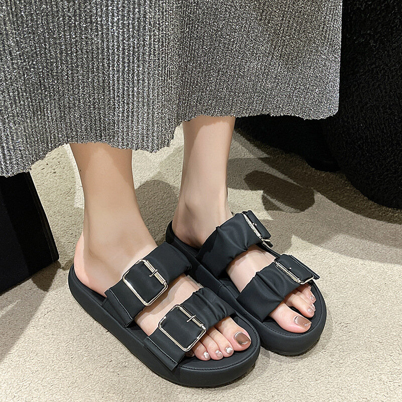 รองเท้าแตะไม้ก๊อกสำหรับผู้หญิง, ที่รัดคู่ชายหาดแบบลำลองใหม่สำหรับฤดูร้อนรองเท้าสลิปออนหนัง PU สำหรับผู้หญิง2024