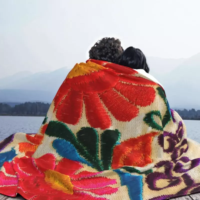 Mexican Flowers Embroidery Art Blanket 3D Printed Soft Fleece Warm Floral Folk Throw Blankets for Office Bedroom Couch Quilt
