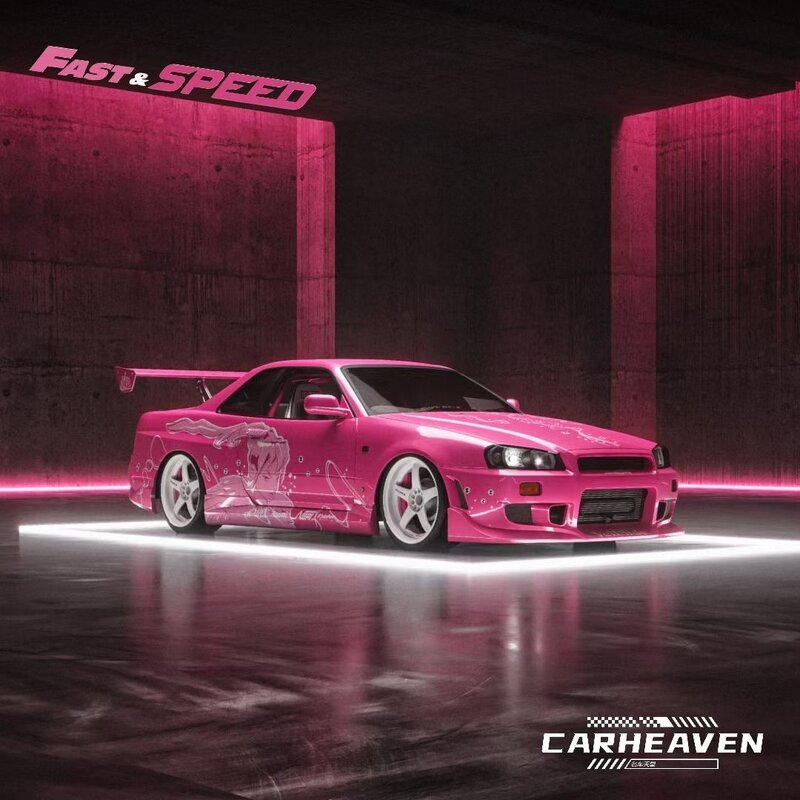 FS In Stock 1:64 Skyline GTR R34 High Wing SUKI Pink Diecast Diorama Car Model Collection Miniature Carro Fast Speed