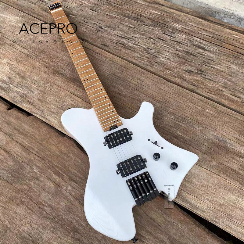 Bezgłowy gitara elektryczna Acepro, przezroczysty biały korpus popiołu, prażone klon szyi, progi ze stali nierdzewnej, HH Pickups Guitarras