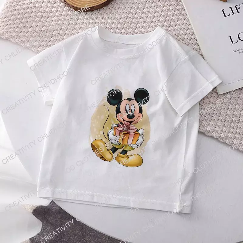 Camiseta de Disney para niños, camisetas Kawaii de Mickey y Minnie, ropa informal de dibujos animados para niñas, Tops de manga corta para niños