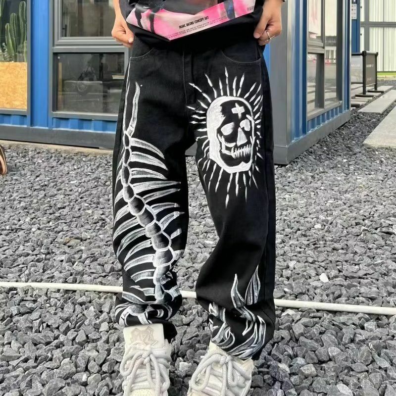 Amerikaanse High Street Graffiti Skull Personal Print Jeans Mannen En Vrouwen Nieuwe Ins Trend Street Hiphop Losse Broek Met Rechte Pijpen