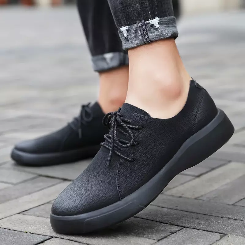 Мужские кожаные туфли со шнуровкой, повседневные однотонные лоферы на низком каблуке с круглым носком, весна-осень 2023