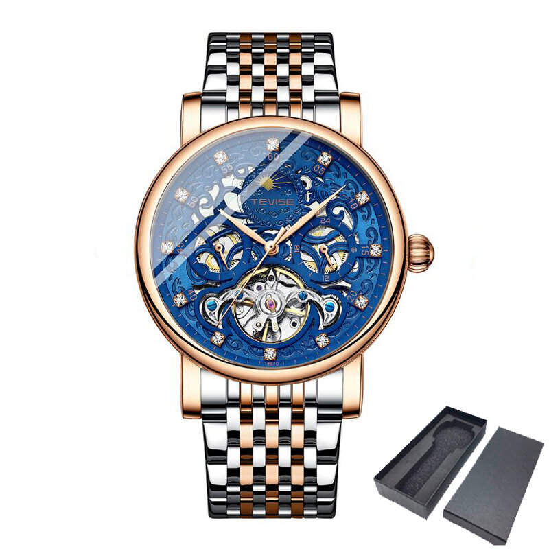 Mens Rose Gold Tourbillon Automatic Watches Skeleton Mechanical Wristwatch for Men Business Watches W/ Diamond Relogio Masculino