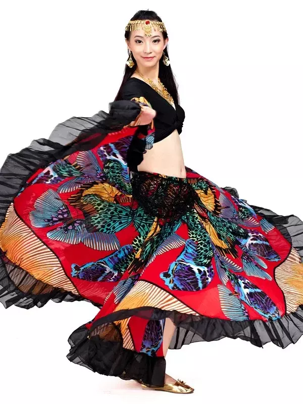 Gypsy Swing gonna Chiffon Big Circle Costume di danza del ventre Outfit Print Choli Top Wrap camicetta corno manica ballerino spettacolo di prestazioni