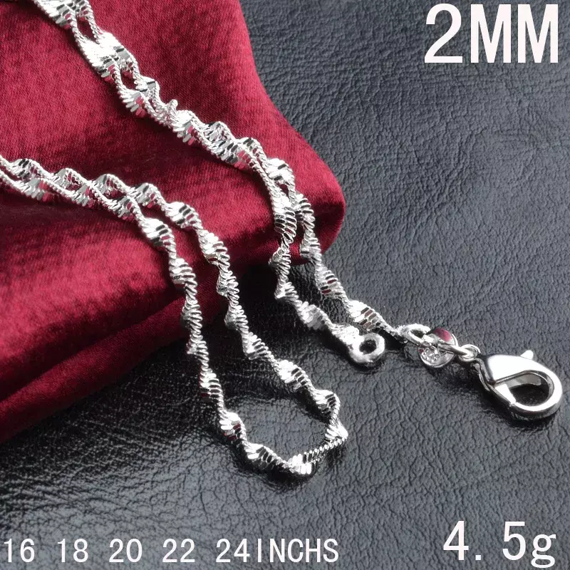 Lihong kalung ombak air 2mm untuk wanita, 925 perhiasan kalung perak murni dengan rantai