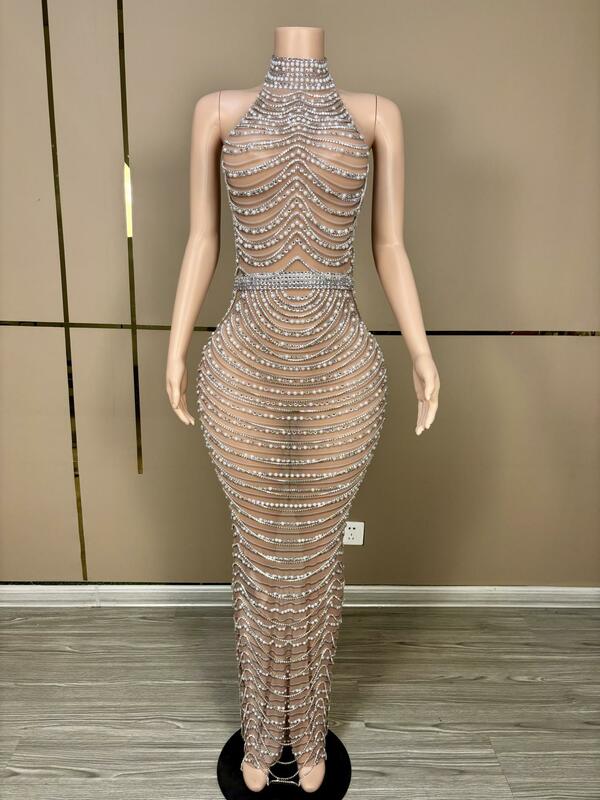 Luxury Fashion See Through Heavy Crystals Birthday Gowns Sparkly Silver Long Black Girl Backless Prom Dresses 2024 Paowuxian