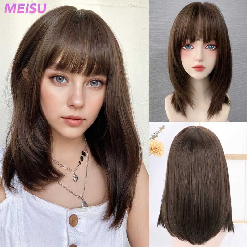 MEISU16 Polegada peruca franja marrom reta para mulheres, fibra sintética, resistente ao calor, sem brilho, peruca cosplay natural, uso diário