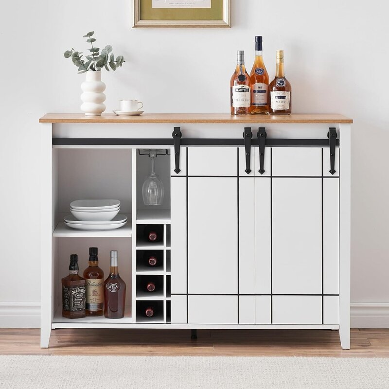 Wine cabinet, 47 inch bar cabinet with sliding barn door, side panel wine cabinet with 16 bottle wine rack