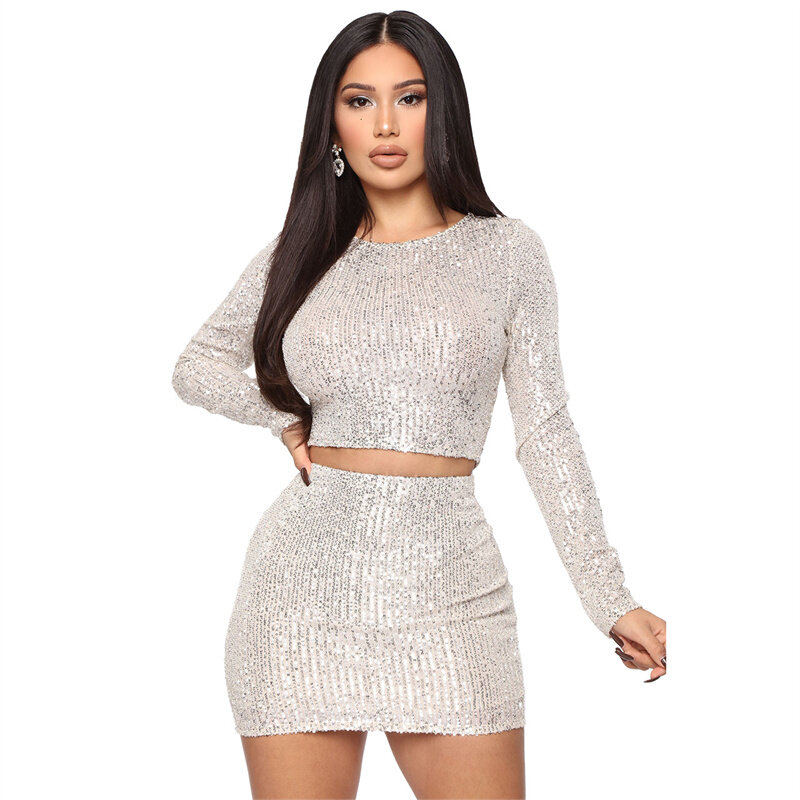 Sexy Glitter Sequins 2 Piece Sets Womens Outfits Long Sleeve Crop Top and Mini Skirt Matching Sets Party Club Outfits for Woman