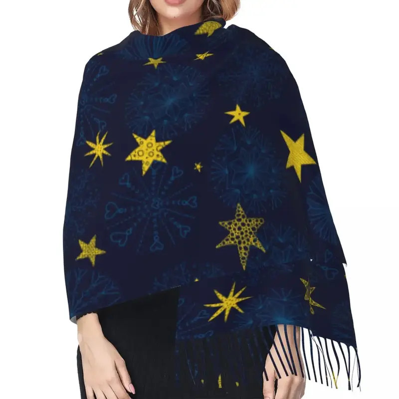 Cute Winter Snowflakes And Stars Scarf Winter Long Large Tassel Scarves Soft Wrap Pashmina