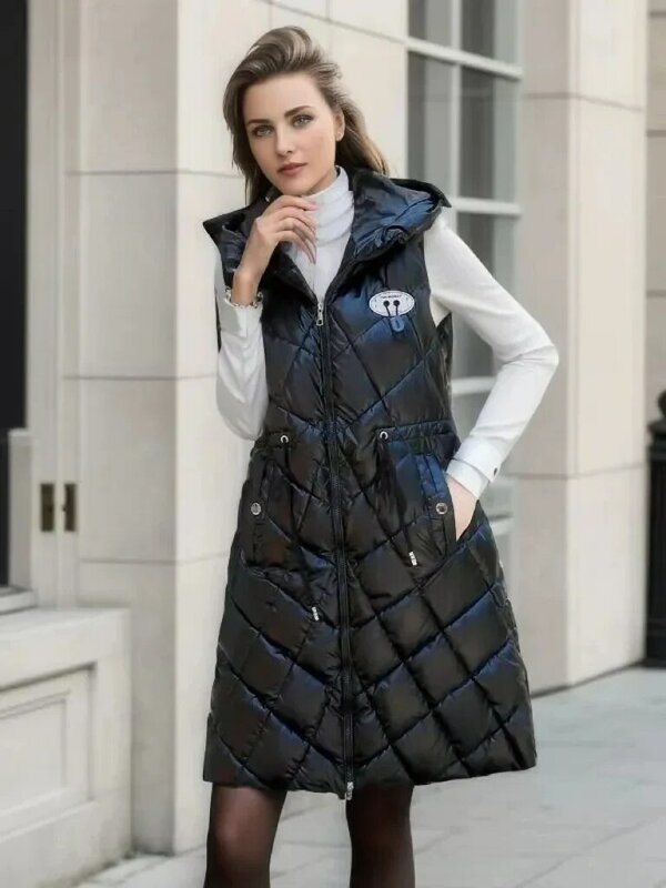 2023 Winter Sleeveless Jacket Coat Women Down Cotton Hooded Long Vest Autumn Female Solid Fashion Zipper Waistcoat Slim Outwear