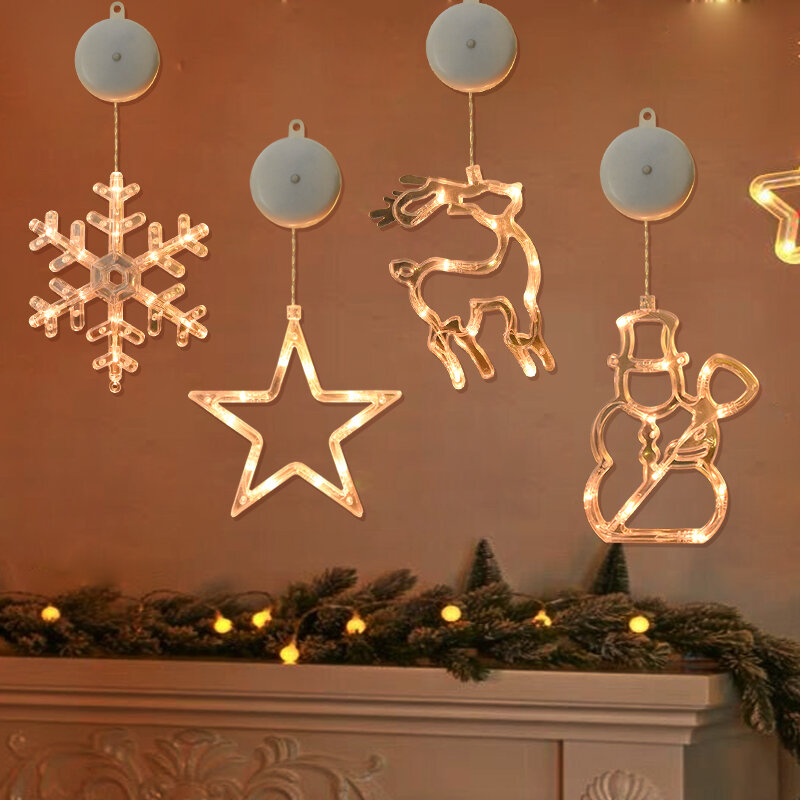 Bożonarodzeniowe światełka LED ozdoby śnieżynka ze świętym mikołajem łosiem wisząca lampa przyssawka Xmas Navidad dekoracja okienna do domu 2024 nowy rok