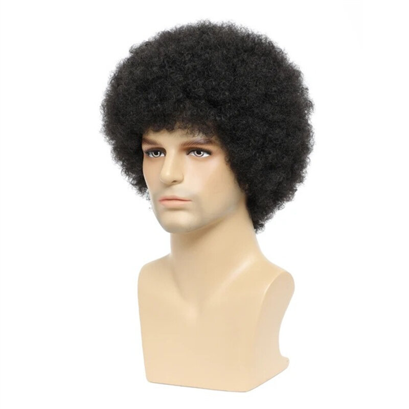Wig hitam halus rambut sepak bola penggemar sepak bola Wig tahan panas serat sintetis Wig pria pesta