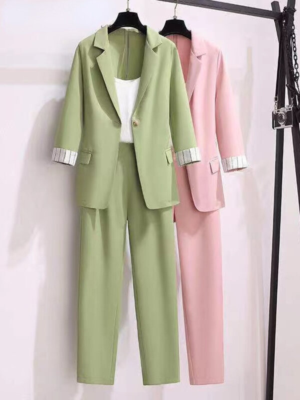 2023 frühjahr neue plus größe Koreanischen eleganten frauen anzug weibliche blazer freizeit hosen Tweed anzug jacke drei stück jacke hosen set