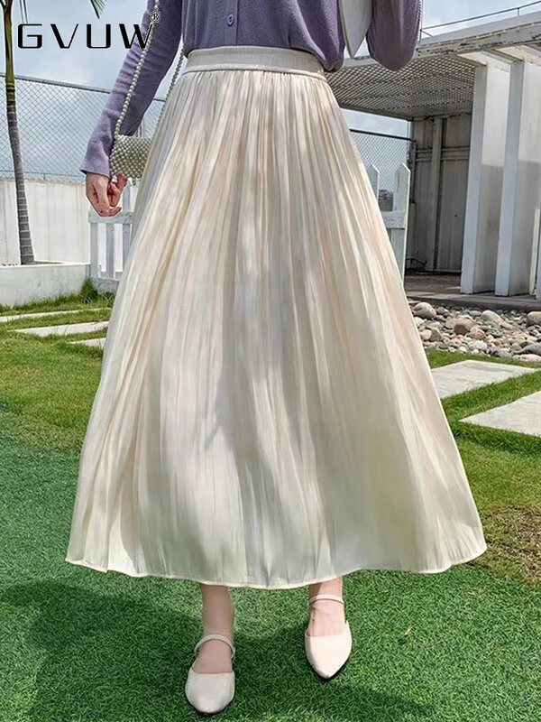 Moda GVUW damska spódnica linia jednolity kolor elastyczna talia luźna uniwersalna elegancka damska nowa 2024 letnie spódnice damskie 17 g6839