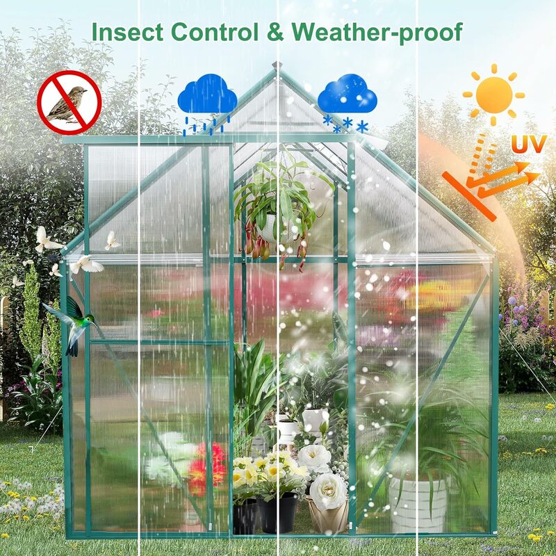 Polycarbonate Greenhouse Kit, 8x6/10x6 ft Heavy Duty Outdoors Durable Green House with Double Vent Window Lockable Door