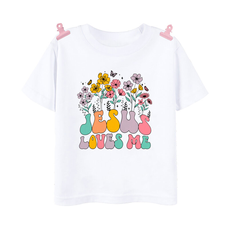 Camiseta con estampado de flores de Jesús Love Me para niñas, Tops Retro, camisetas de manga corta para niños, ropa de verano para niñas, camisetas de moda