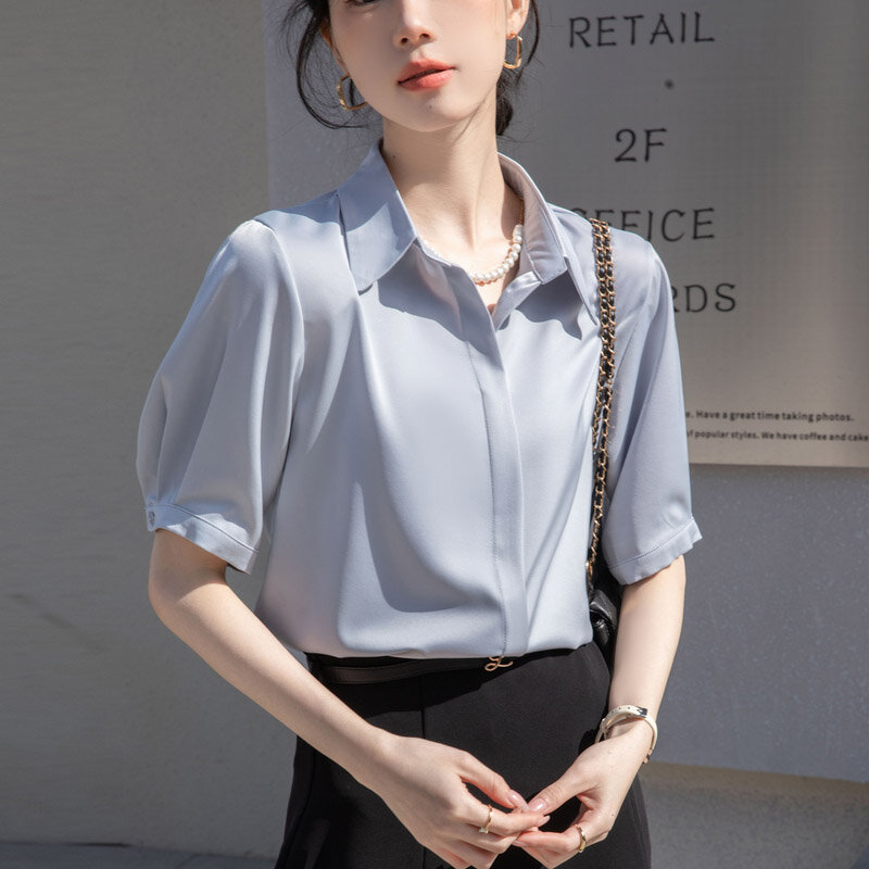 Frauen Kleidung solide Anti-Falten-Chiffon-Shirts Sommer halbe Ärmel lose nicht bügelnde Blusen Büro Dame elegante Mode Tops