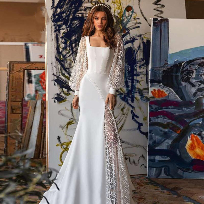관대 섹시 여성 웨딩 드레스, 약혼용 긴 퍼프 얇은 명주 그물 소매, 인어 신부 가운, 얼룩 맞춤 제작 로브 드 마리
