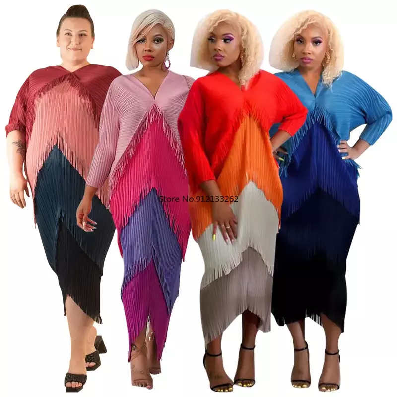Afrikanische Kleider für Frauen Frühling Herbst afrikanische Frauen Langarm V-Ausschnitt Polyester Quaste plissiert langes Kleid Ankara Kleider