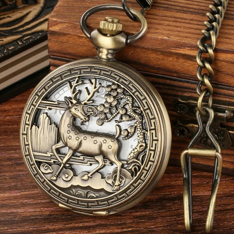 Exquisito reloj de bolsillo de cuarzo ahuecado, reloj con colgante de esfera con números árabes, collar Retro, ciervo, bronce, medio cazador