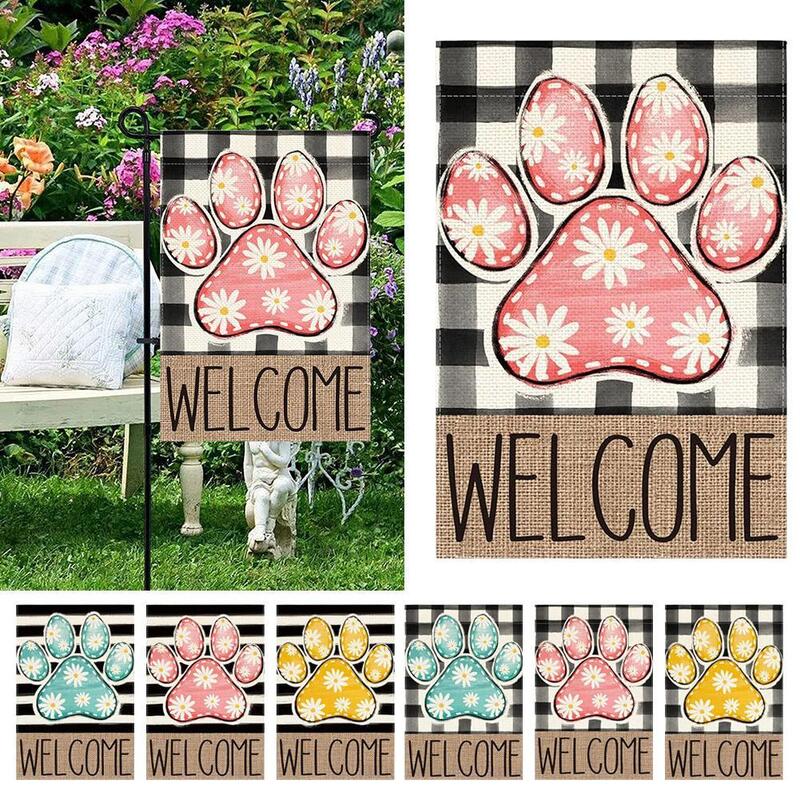Welcome to the Spring Garden flag Paw Print Patriotic 4th of July Garden Flag 12x18 Inch Double Sided Outside Yard Outdoor Decor