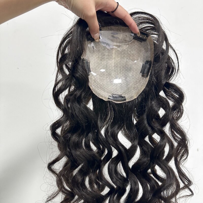 Wavy Human Hair Topper With Air Bangs Clips In Silk Top Virgin European Hair Toupee for Women Silk Base Fine Hairpiece 13x12cm