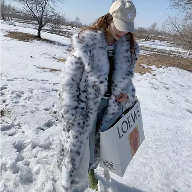 Cappotto di pelliccia di volpe imitazione invernale da donna cappotto di pelliccia lungo al ginocchio con stampa leopardata